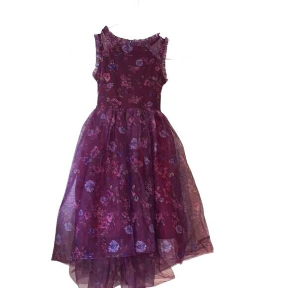 Floral Burgundy Girls Dress With Mesh Overlay & Ruffled Accents By Zenzie Size S - Picture 1 of 9